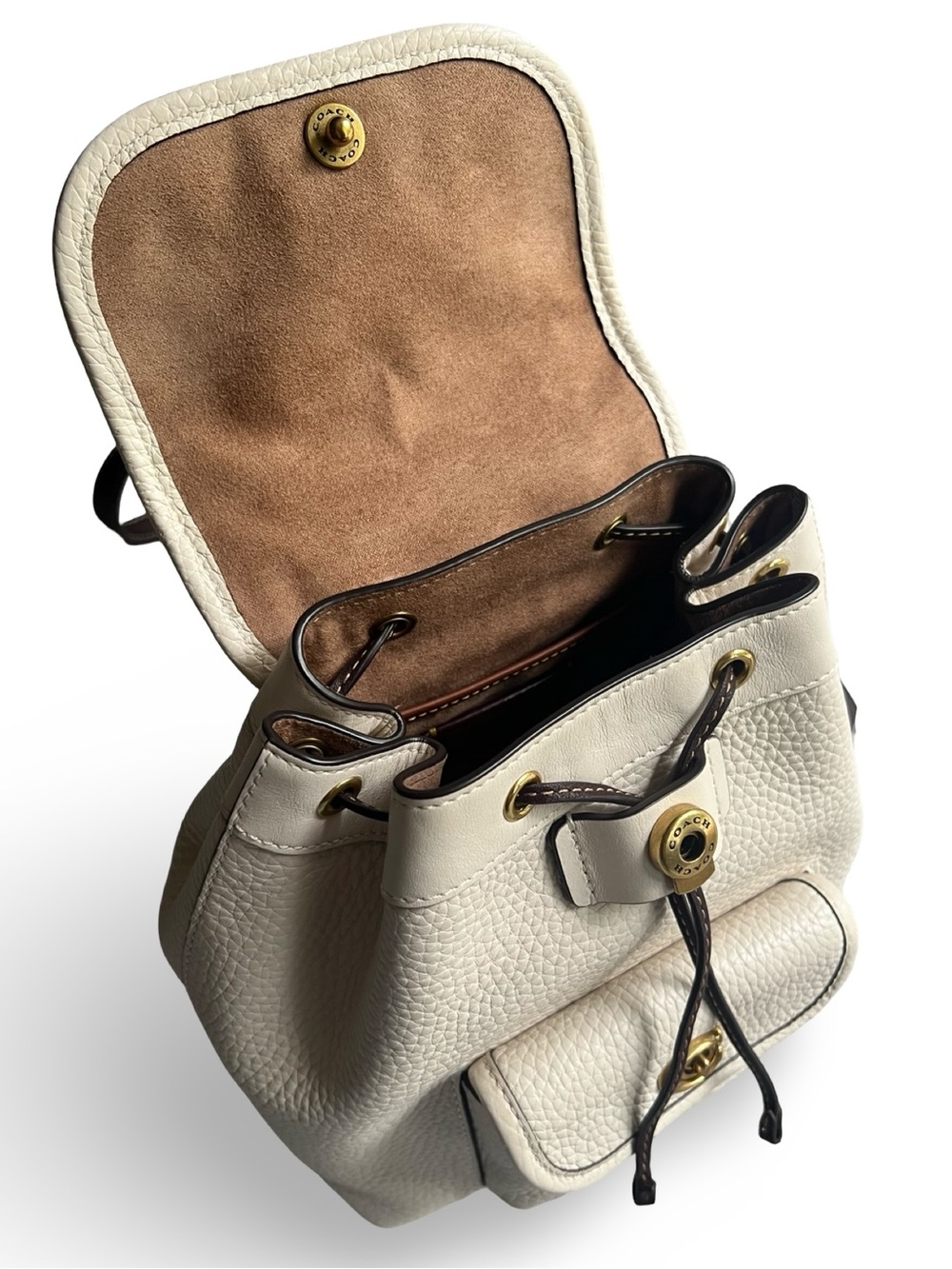 Coach Riya 21 Pebbled Leather Drawstring Bag in Cream with Brown Trim - Picture 4 of 16